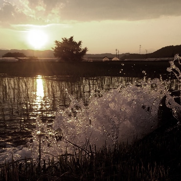 飛騨高山の澄んだ川と夕焼けの画像